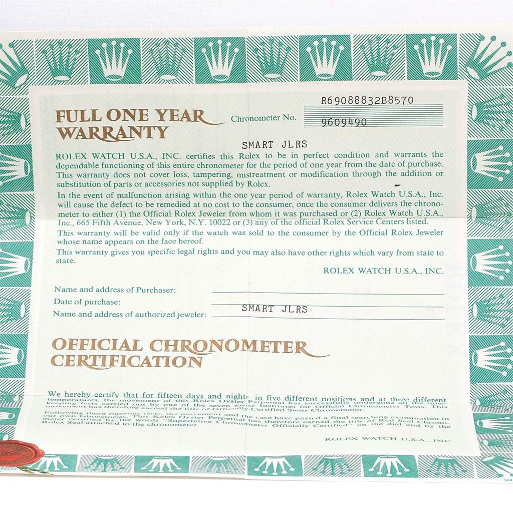 The image shows the warranty certificate for a Rolex President 69088 Women's Yellow Gold Blue Dial 69088 Women's Yellow Gold Blue Dial model watch, including the official chronometer certification and dealer information.