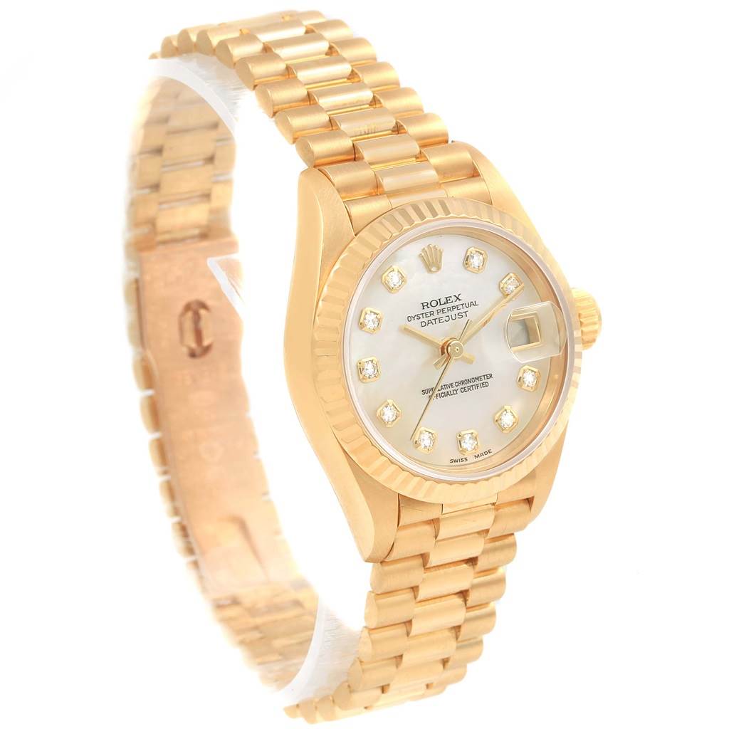 The Rolex President 69178 Women's Yellow Gold Mother of Pearl Dial 69178 Women's Yellow Gold Mother of Pearl Dial watch is shown at an angled view highlighting its gold band, bezel, and diamond-accented dial.