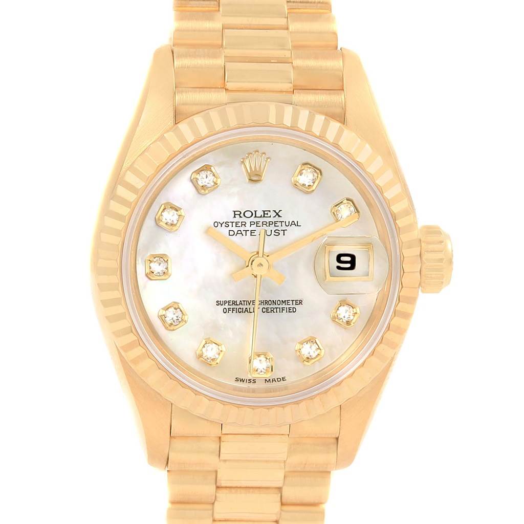 This image shows a front view of the Rolex President 69178 Women's Yellow Gold Mother of Pearl Dial 69178 Women's Yellow Gold Mother of Pearl Dial model watch, featuring its dial, bezel, and band.