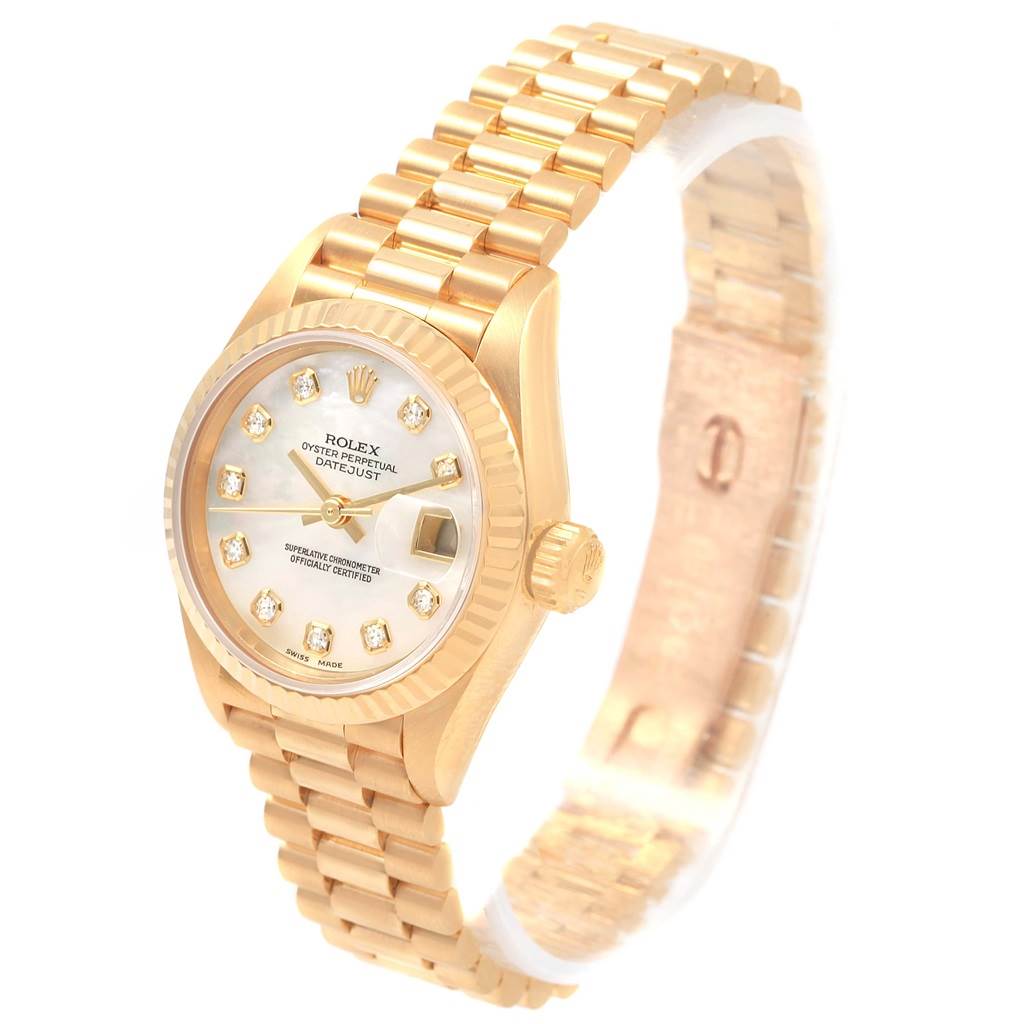 The Rolex President 69178 Women's Yellow Gold Mother of Pearl Dial 69178 Women's Yellow Gold Mother of Pearl Dial model watch is shown from a three-quarter angled view, showcasing its bracelet, dial, and crown.
