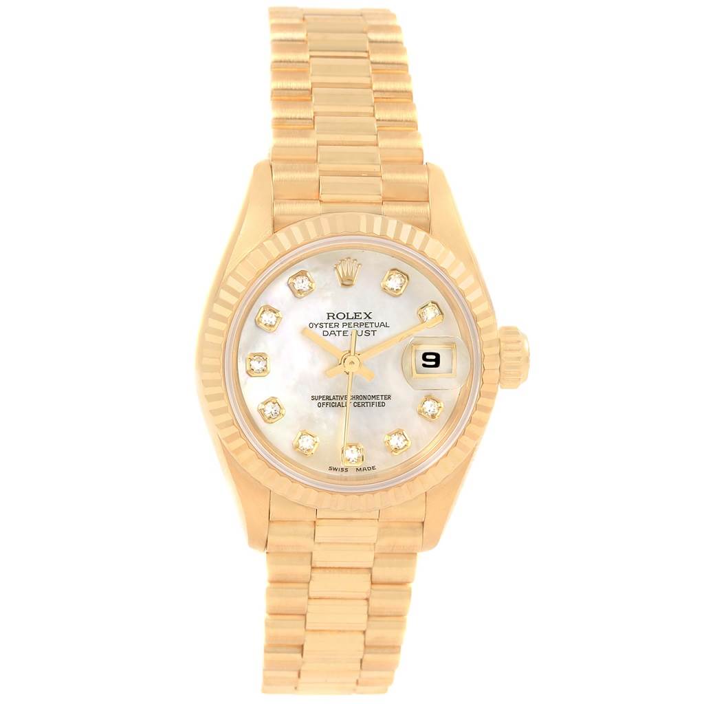 The Rolex President 69178 Women's Yellow Gold Mother of Pearl Dial 69178 Women's Yellow Gold Mother of Pearl Dial model watch is shown from the front, displaying the dial, hands, date window, and bracelet.
