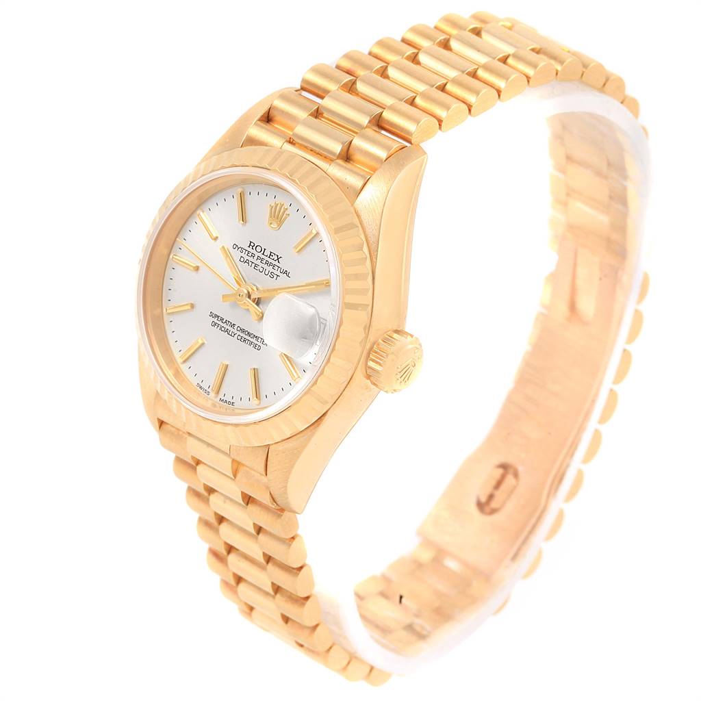 The image shows a Rolex President 79178 Women's Yellow Gold Silver Dial 79178 Women's Yellow Gold Silver Dial model watch at a three-quarter angle, displaying the face, crown, and bracelet.
