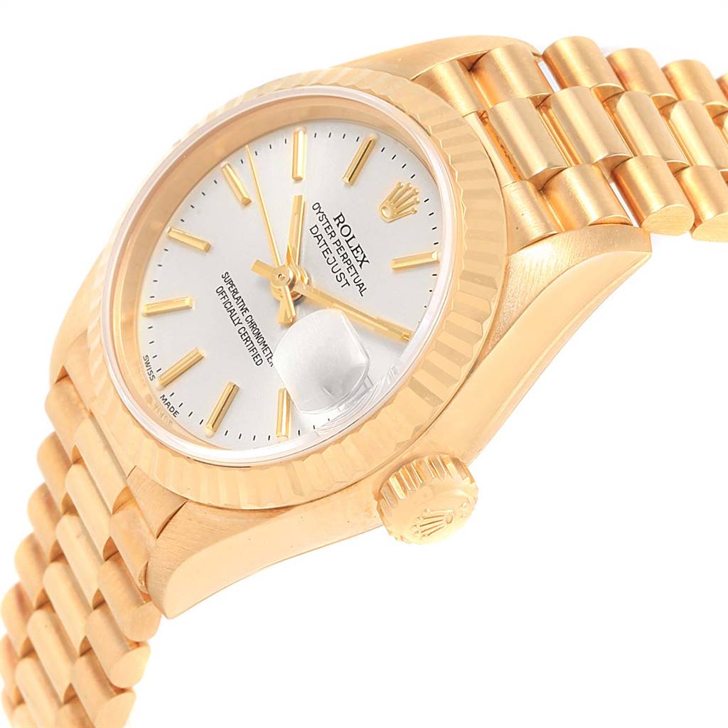 The image shows a side angle of the Rolex President 79178 Women's Yellow Gold Silver Dial 79178 Women's Yellow Gold Silver Dial model, highlighting the dial, crown, and part of the bracelet.
