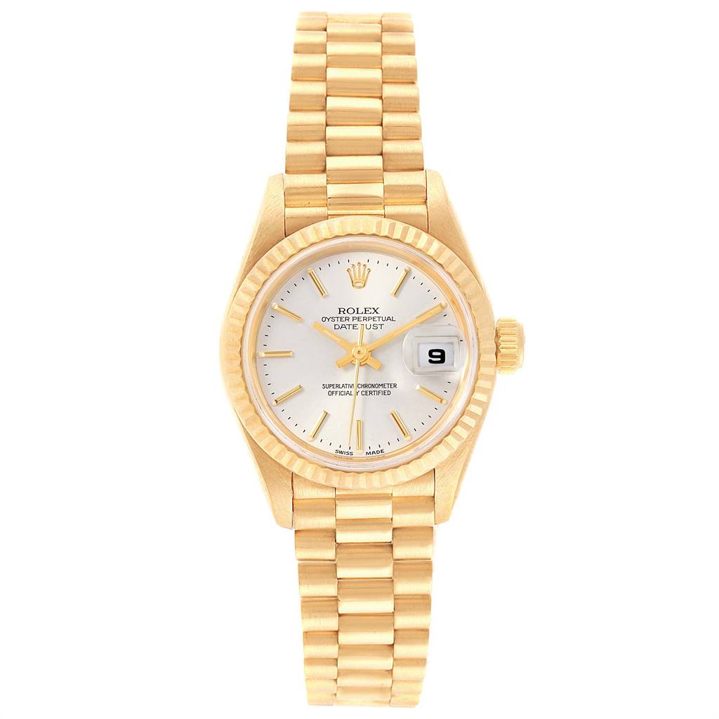 The image shows a frontal view of a Rolex President 79178 Women's Yellow Gold Silver Dial 79178 Women's Yellow Gold Silver Dial model watch, highlighting its gold case, fluted bezel, and gold bracelet.
