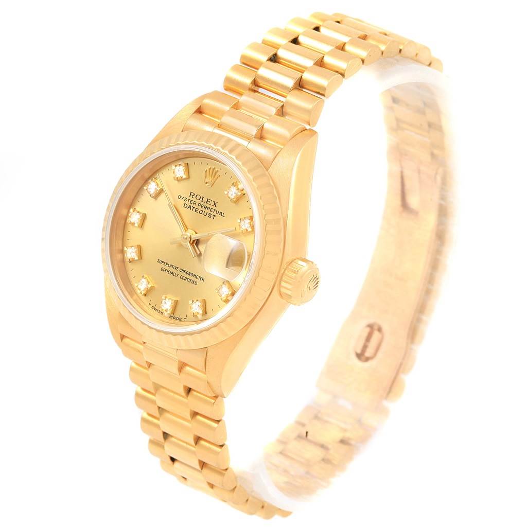 The Rolex President 69178 Women's Yellow Gold Champagne Dial 69178 Women's Yellow Gold Champagne Dial model watch is shown from a three-quarter angle, displaying the dial, bezel, crown, and bracelet.
