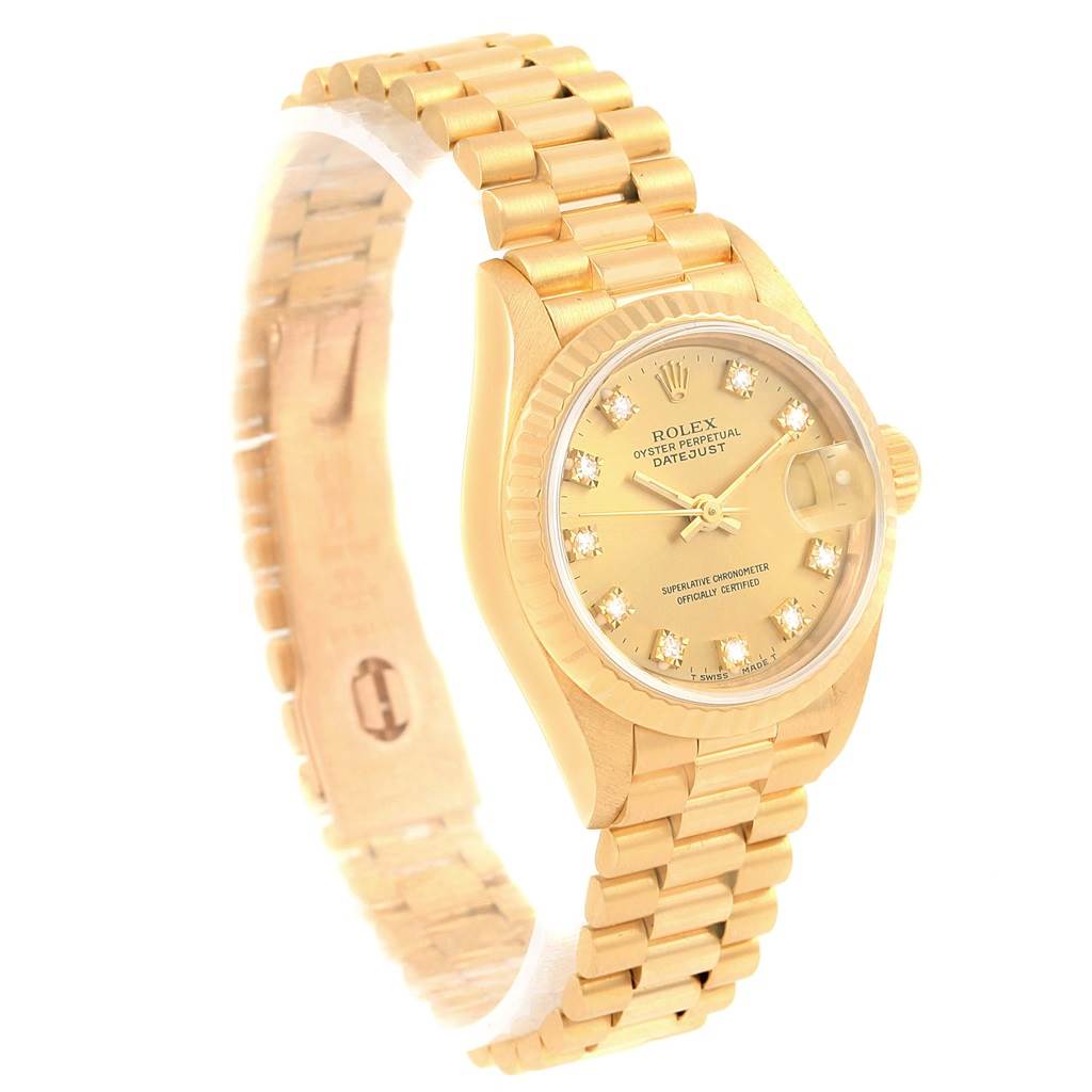 This image shows a Rolex President 69178 Women's Yellow Gold Champagne Dial 69178 Women's Yellow Gold Champagne Dial model watch at a three-quarter angle, displaying the face, bezel, and bracelet links.