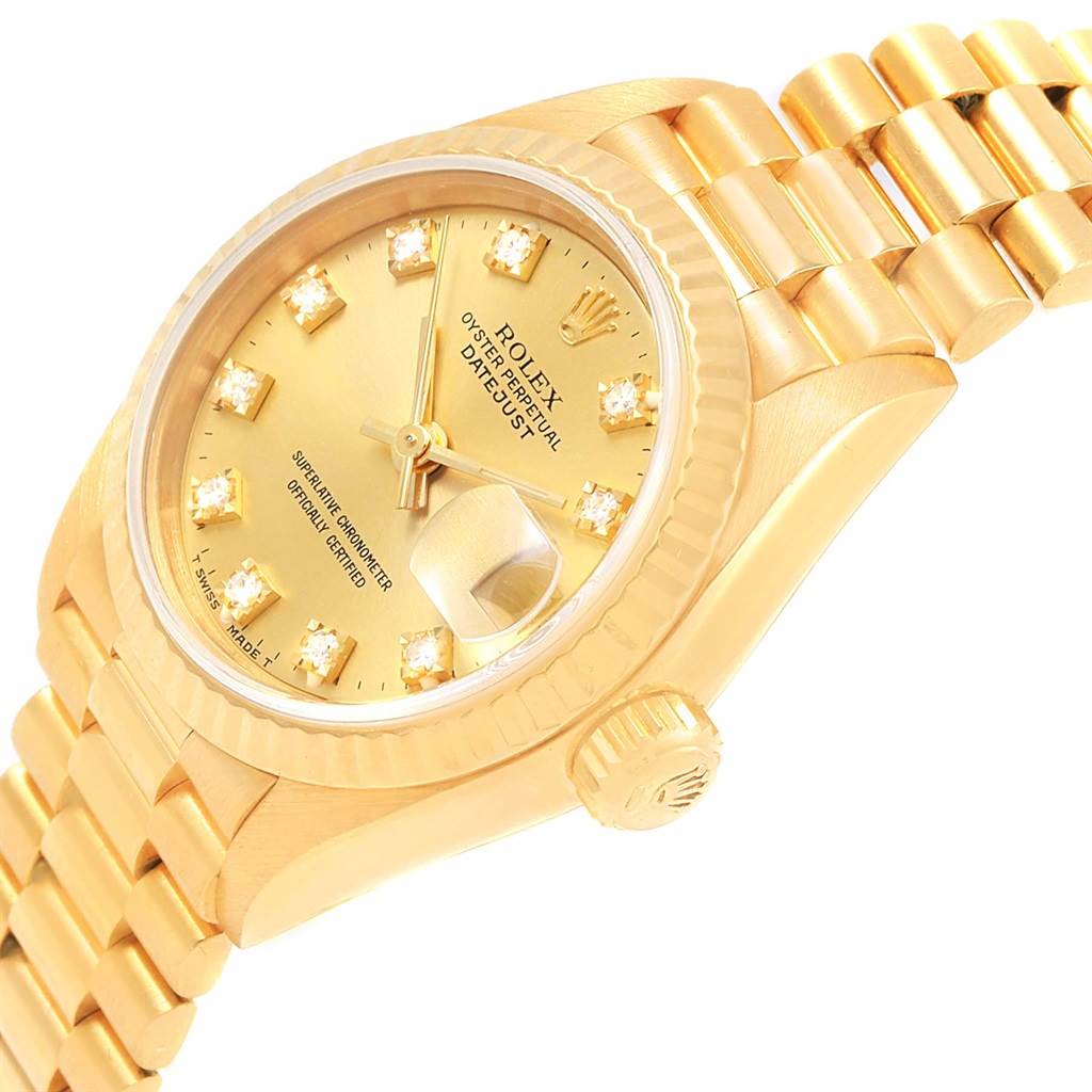 The image shows a close-up angle of the Rolex President 69178 Women's Yellow Gold Champagne Dial 69178 Women's Yellow Gold Champagne Dial model watch, highlighting the face, bezel, crown, and part of the bracelet.