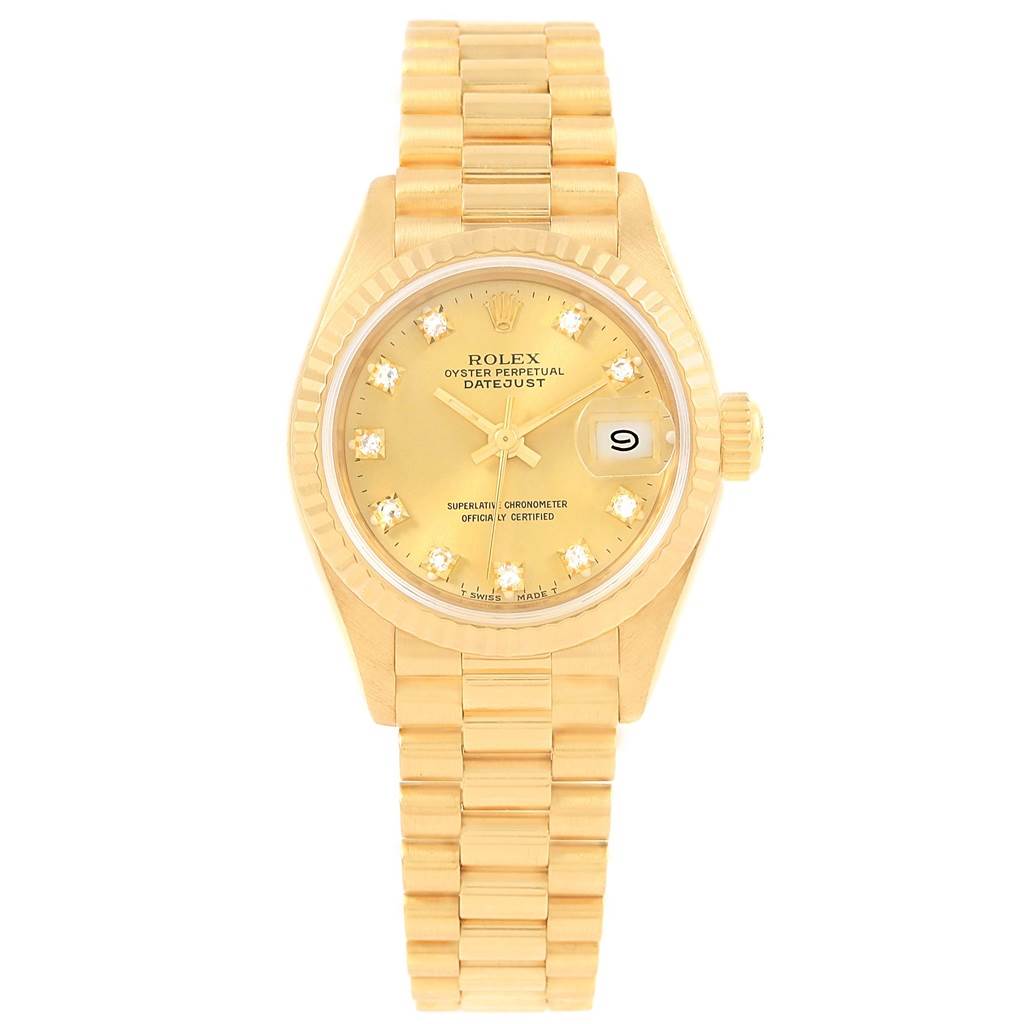 The image shows the front view of a Rolex President 69178 Women's Yellow Gold Champagne Dial 69178 Women's Yellow Gold Champagne Dial model watch, highlighting its dial, bezel, and bracelet.