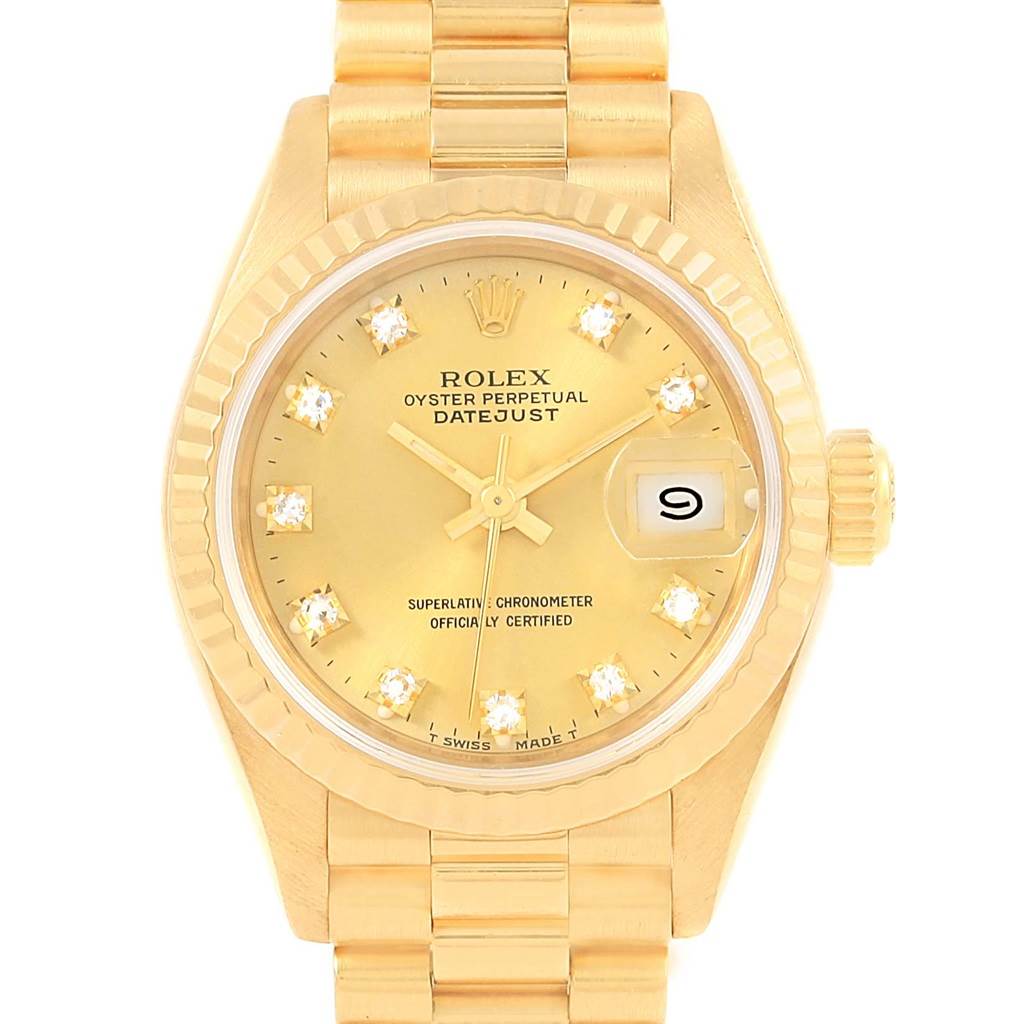 The image shows a close-up front view of a Rolex President 69178 Women's Yellow Gold Champagne Dial 69178 Women's Yellow Gold Champagne Dial model watch, displaying the golden dial and fluted bezel.