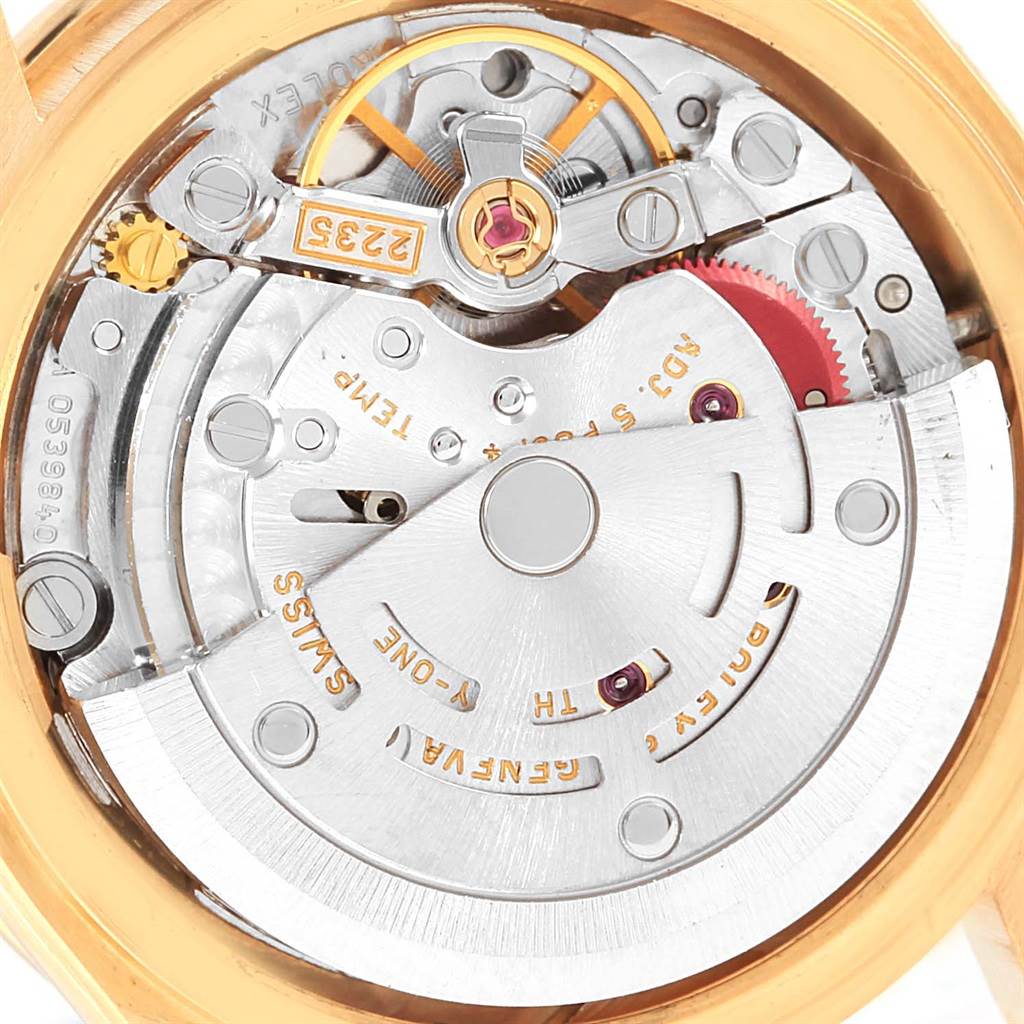This image shows the inner mechanics and movement of the Rolex President 79138 Women's Yellow Gold Champagne Dial 79138 Women's Yellow Gold Champagne Dial model watch from a close-up angle.