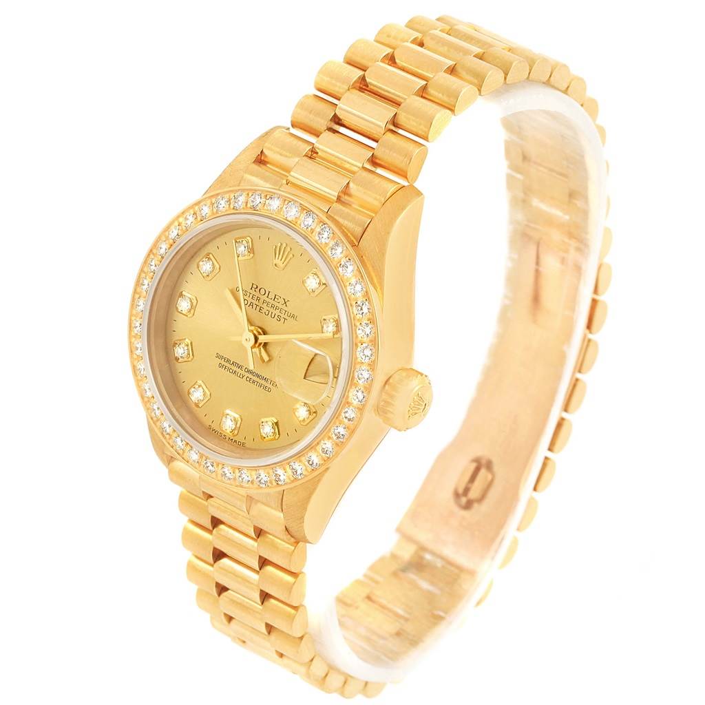 The image shows a Rolex President 79138 Women's Yellow Gold Champagne Dial 79138 Women's Yellow Gold Champagne Dial model watch angled from the front and to the right, highlighting the dial, bezel, and bracelet.