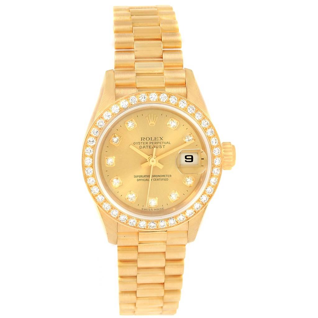 The image shows a front-facing Rolex President 79138 Women's Yellow Gold Champagne Dial 79138 Women's Yellow Gold Champagne Dial model watch, highlighting its gold bracelet, diamond bezel, and date display.