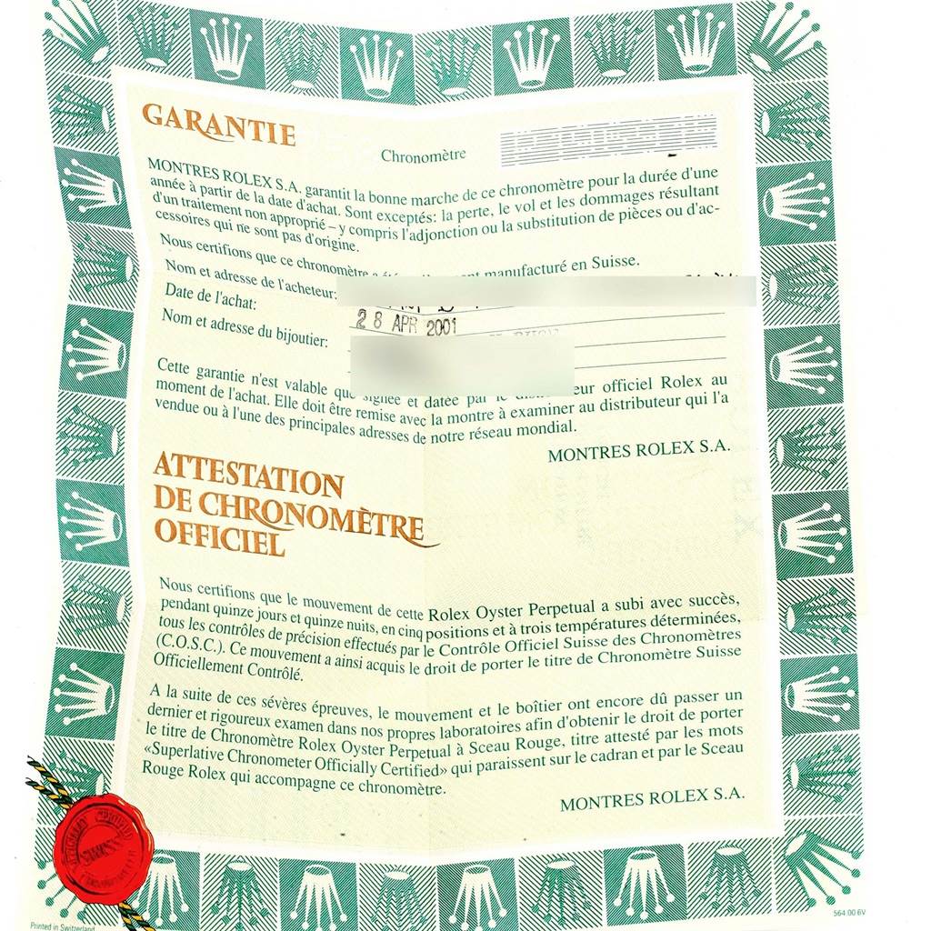 The image shows the guarantee certificate for a Rolex President 79138 Women's Yellow Gold Champagne Dial 79138 Women's Yellow Gold Champagne Dial model watch, highlighting the warranty and official chronometer certification.