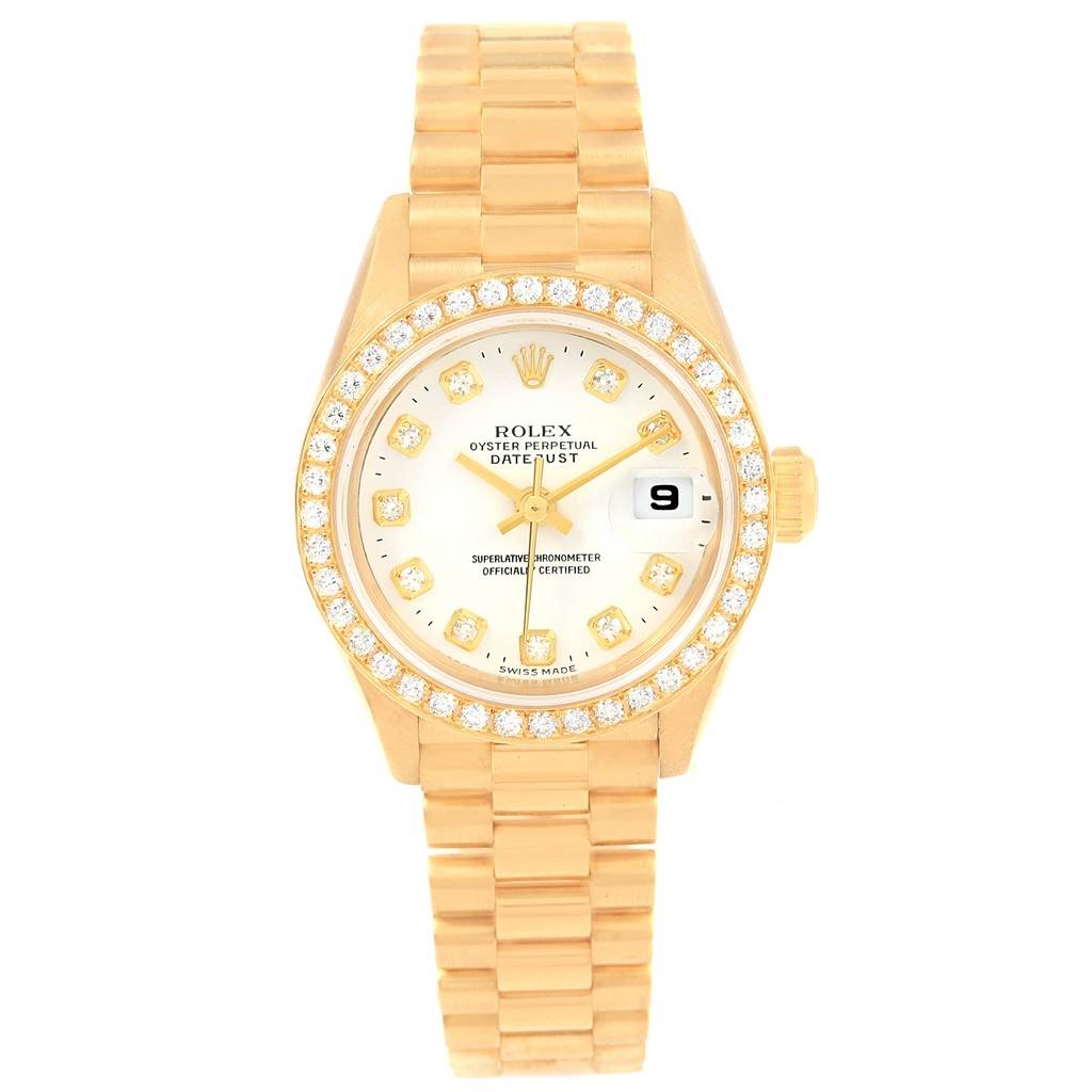 The image shows a Rolex President 79138 Women's Yellow Gold White Dial 79138 Women's Yellow Gold White Dial model watch from the front, displaying the face, bezel, bracelet, hands, and date window.