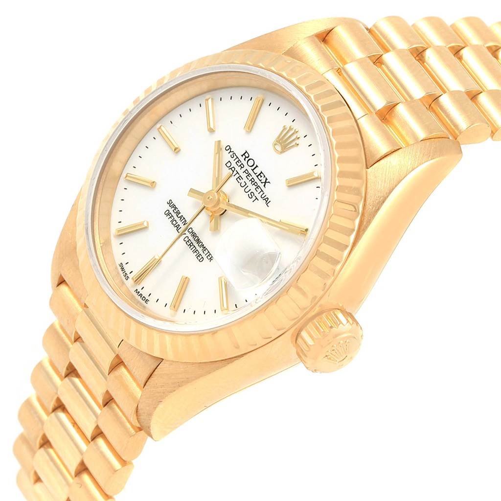 The image shows a side view of the Rolex President 79178 Women's Yellow Gold White Dial 79178 Women's Yellow Gold White Dial model, displaying the face, bezel, crown, and bracelet.
