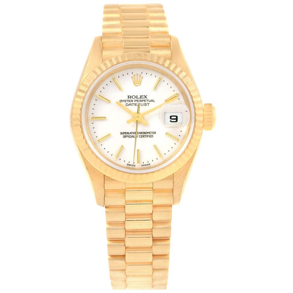 The image shows a frontal view of a Rolex President 79178 Women's Yellow Gold White Dial 79178 Women's Yellow Gold White Dial Datejust watch, including the face, bezel, and bracelet.
