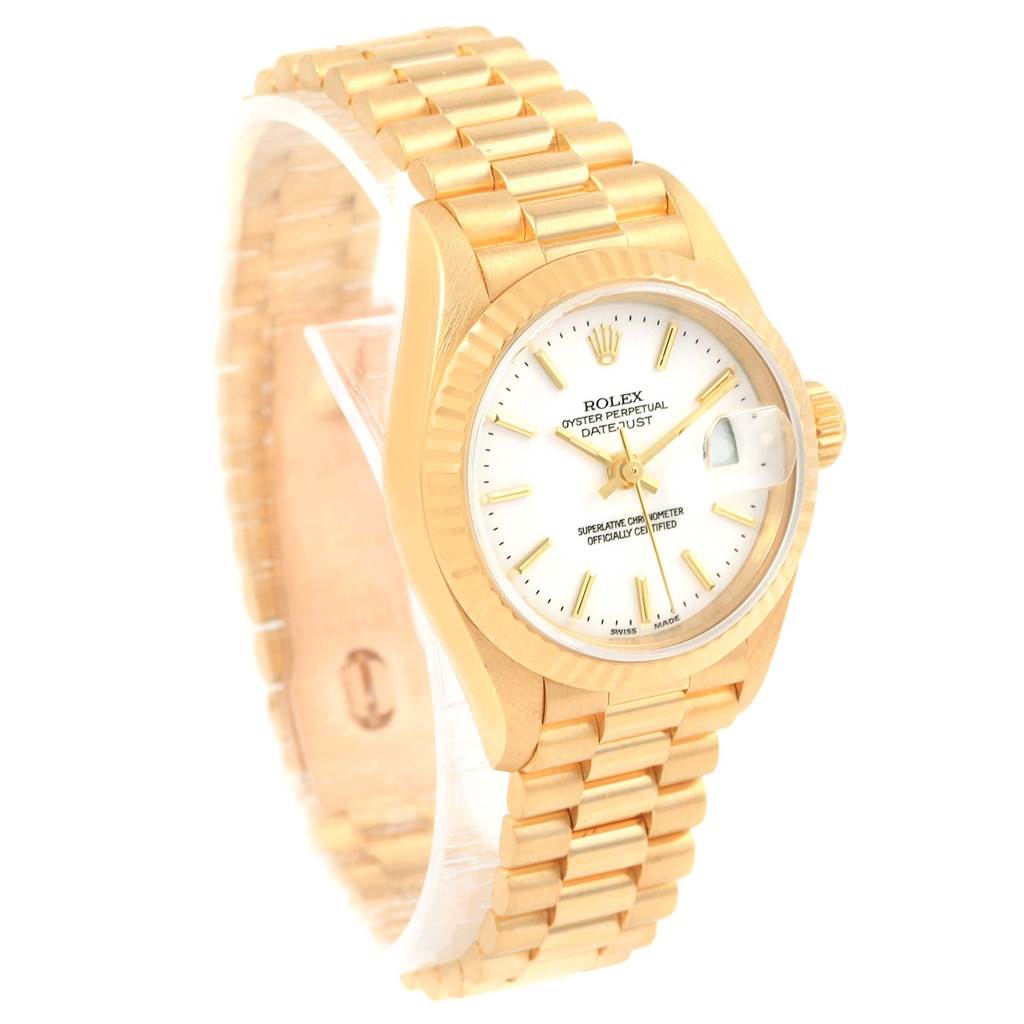 The image shows a Rolex President 79178 Women's Yellow Gold White Dial 79178 Women's Yellow Gold White Dial model watch from a front angled view, highlighting its gold bracelet, crown, and dial.