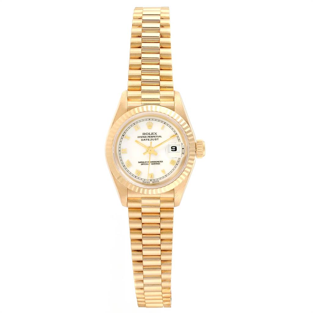 The Rolex President 69178 Women's Yellow Gold White Dial 69178 Women's Yellow Gold White Dial model watch is shown from a front view, displaying its bracelet, case, dial, and date window.