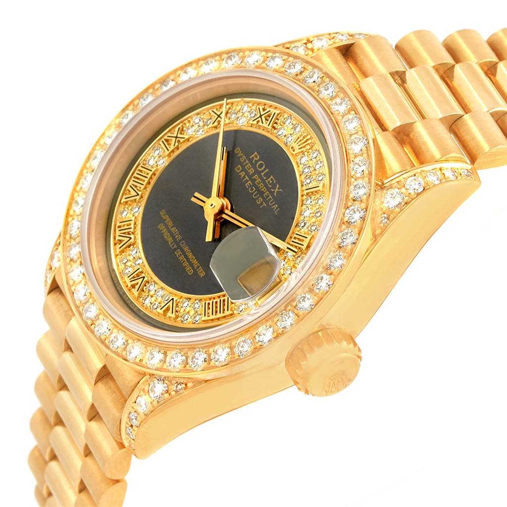 The image shows a side angle of the Rolex President 69158 Women's Yellow Gold Grey Dial 69158 Women's Yellow Gold Grey Dial model, highlighting the dial, bezel, and part of the bracelet.