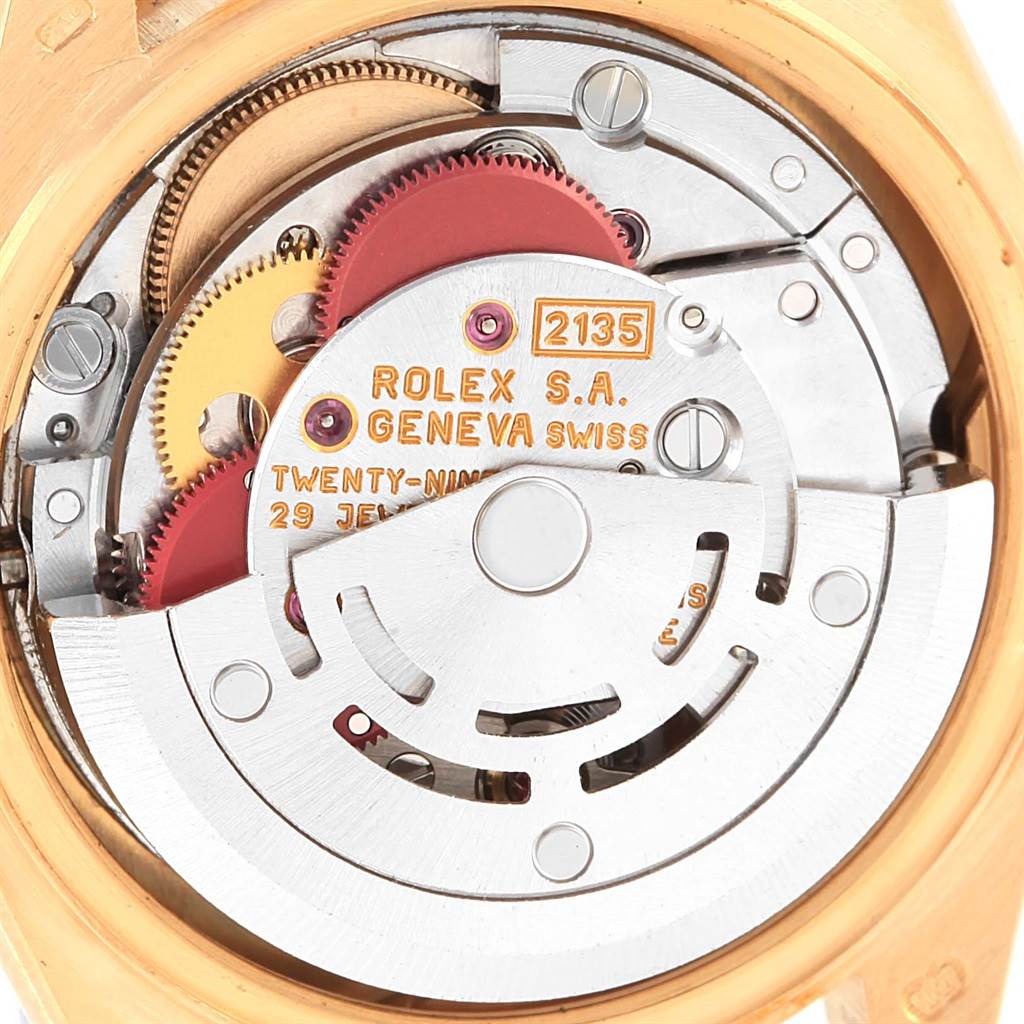 This image shows the internal mechanism of a Rolex President 69158 Women's Yellow Gold Grey Dial 69158 Women's Yellow Gold Grey Dial model watch, viewed from the back angle.