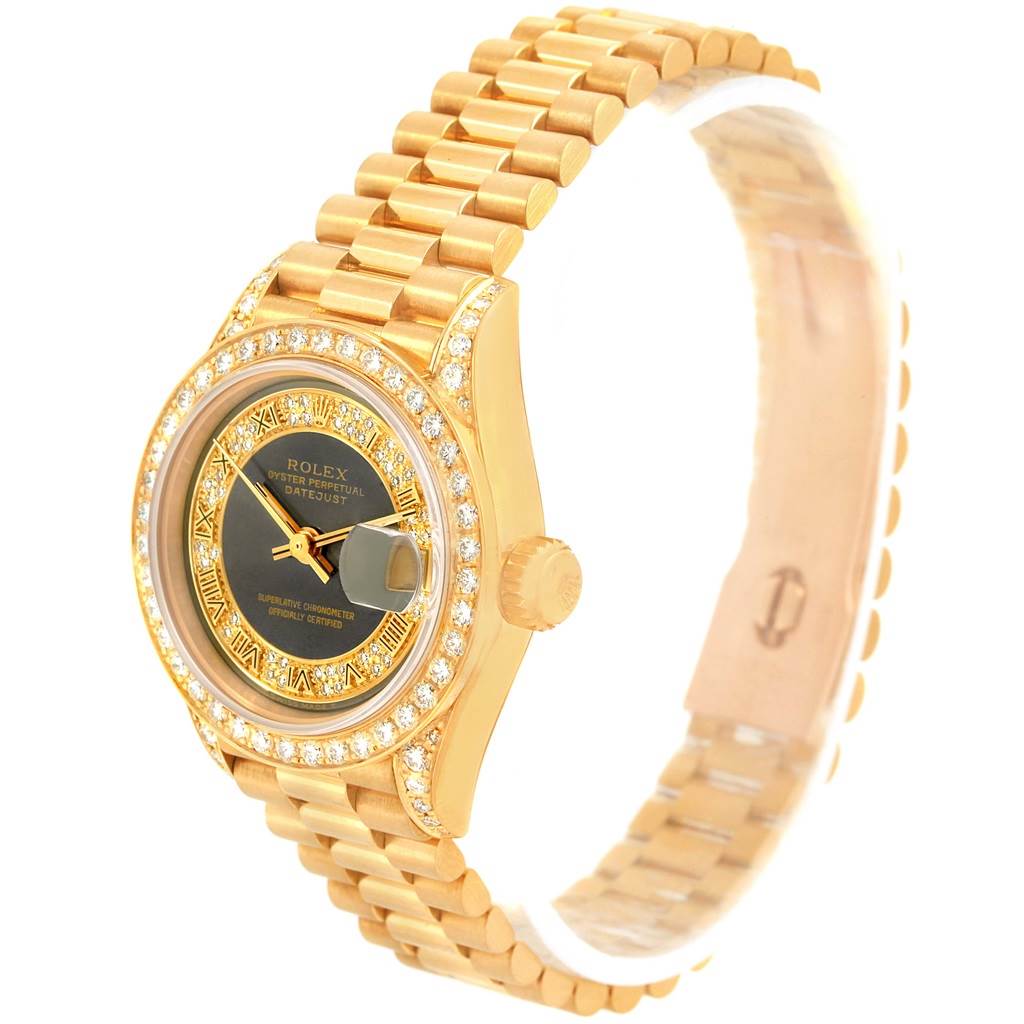 This image shows a side angle view of a Rolex President 69158 Women's Yellow Gold Grey Dial 69158 Women's Yellow Gold Grey Dial model watch, highlighting the face, bezel, and bracelet.
