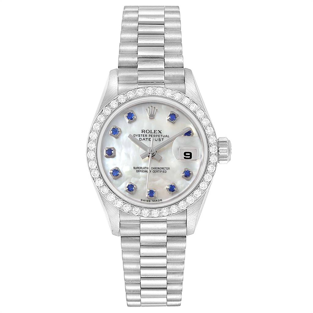 Rolex President White Gold Mop Sapphire Watch Ladies Box Papers Swisswatchexpo