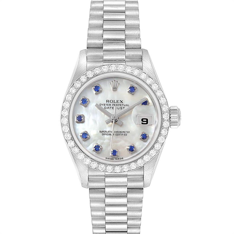 Rolex President White Gold MOP Sapphire Watch Ladies 69179 Box Papers SwissWatchExpo