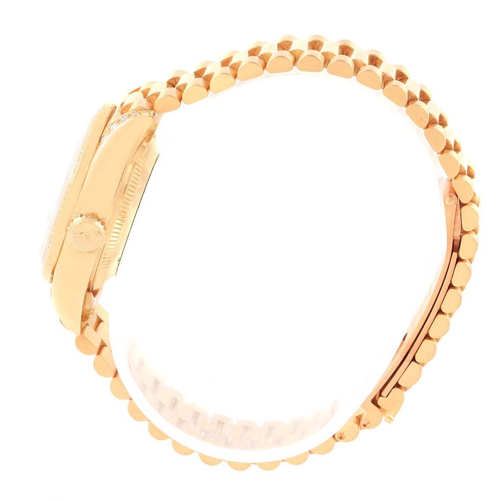 The image shows a side view of the Rolex President 69158 Women's Yellow Gold Champagne Dial 69158 Women's Yellow Gold Champagne Dial model watch, highlighting its case, crown, and bracelet.