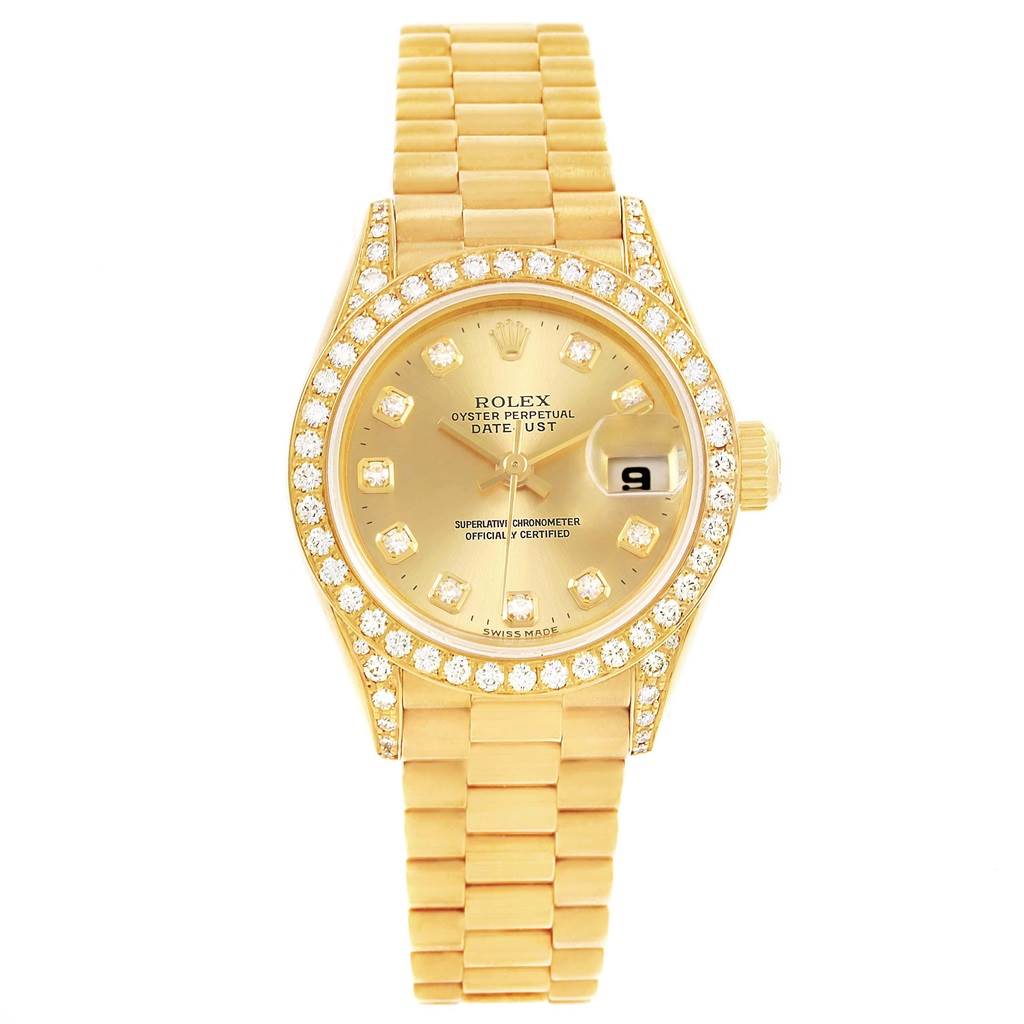 The image shows a Rolex President 69158 Women's Yellow Gold Champagne Dial 69158 Women's Yellow Gold Champagne Dial model watch with a gold bracelet, diamond bezel, and gold dial, viewed from the top.