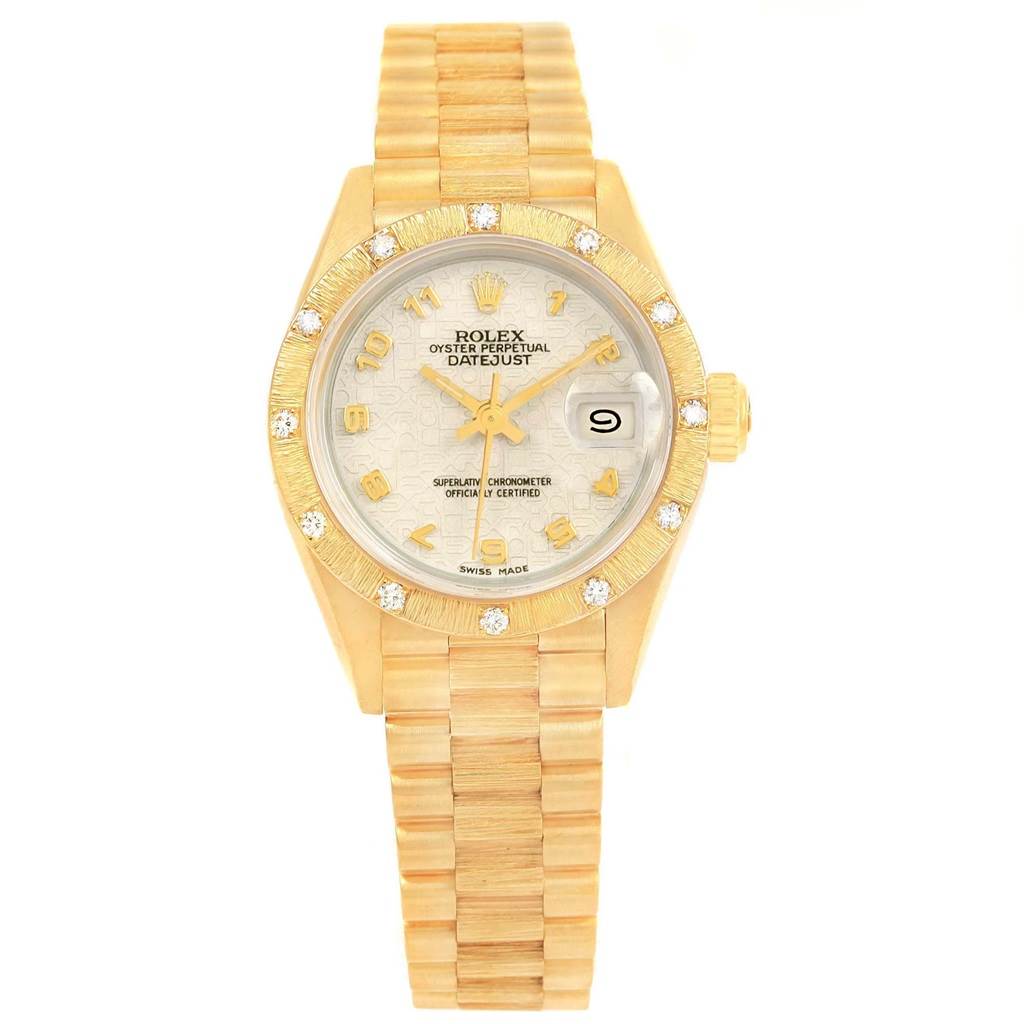 The image shows a front view of a Rolex President 69288 Women's Yellow Gold Beige Dial 69288 Women's Yellow Gold Beige Dial Datejust watch with a gold bracelet and diamond-encrusted bezel.