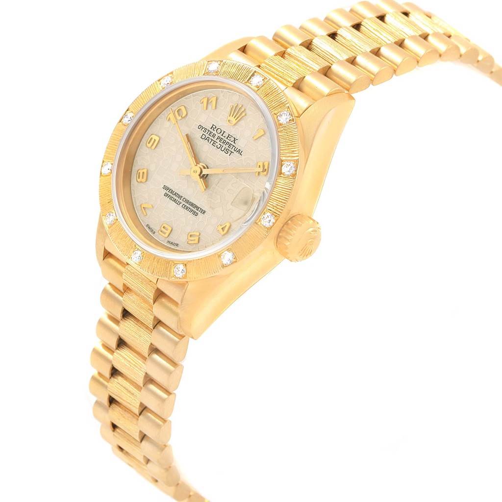 The image shows a Rolex President 69288 Women's Yellow Gold Beige Dial 69288 Women's Yellow Gold Beige Dial model watch at an angle highlighting the gold bracelet, face, bezel, and crown.