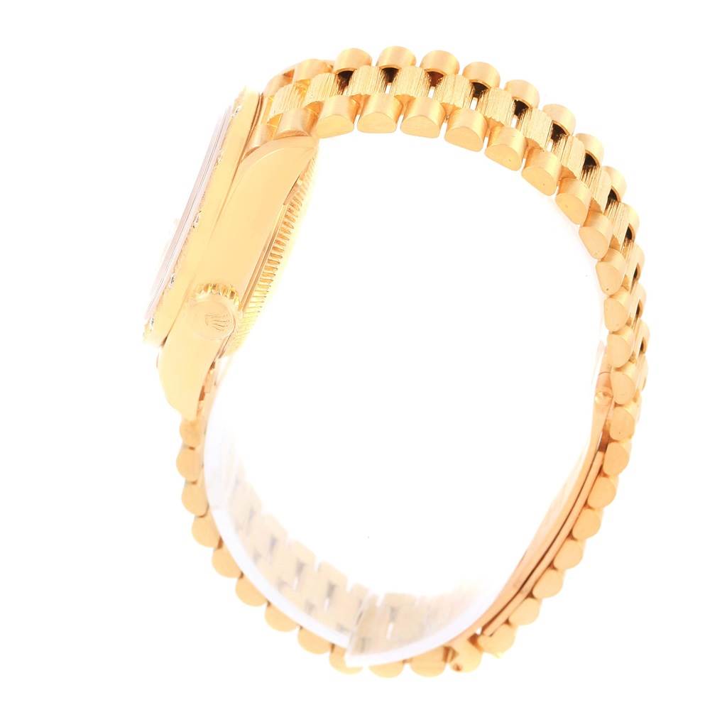 The image shows a side view of a Rolex President 69288 Women's Yellow Gold Beige Dial 69288 Women's Yellow Gold Beige Dial watch, highlighting its gold case and bracelet.
