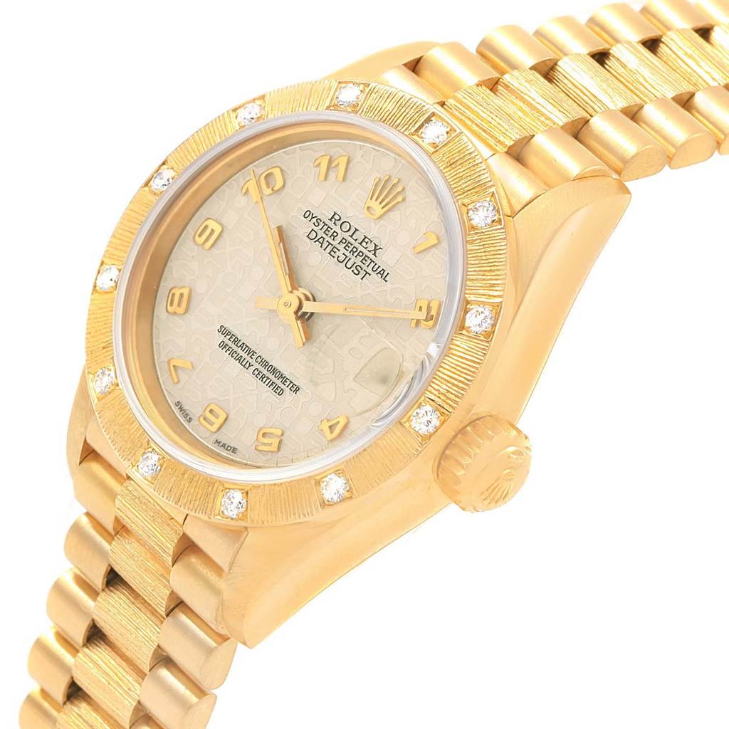 This image shows a Rolex President 69288 Women's Yellow Gold Beige Dial 69288 Women's Yellow Gold Beige Dial model watch from an angled view, highlighting the face, bezel, crown, and part of the bracelet.