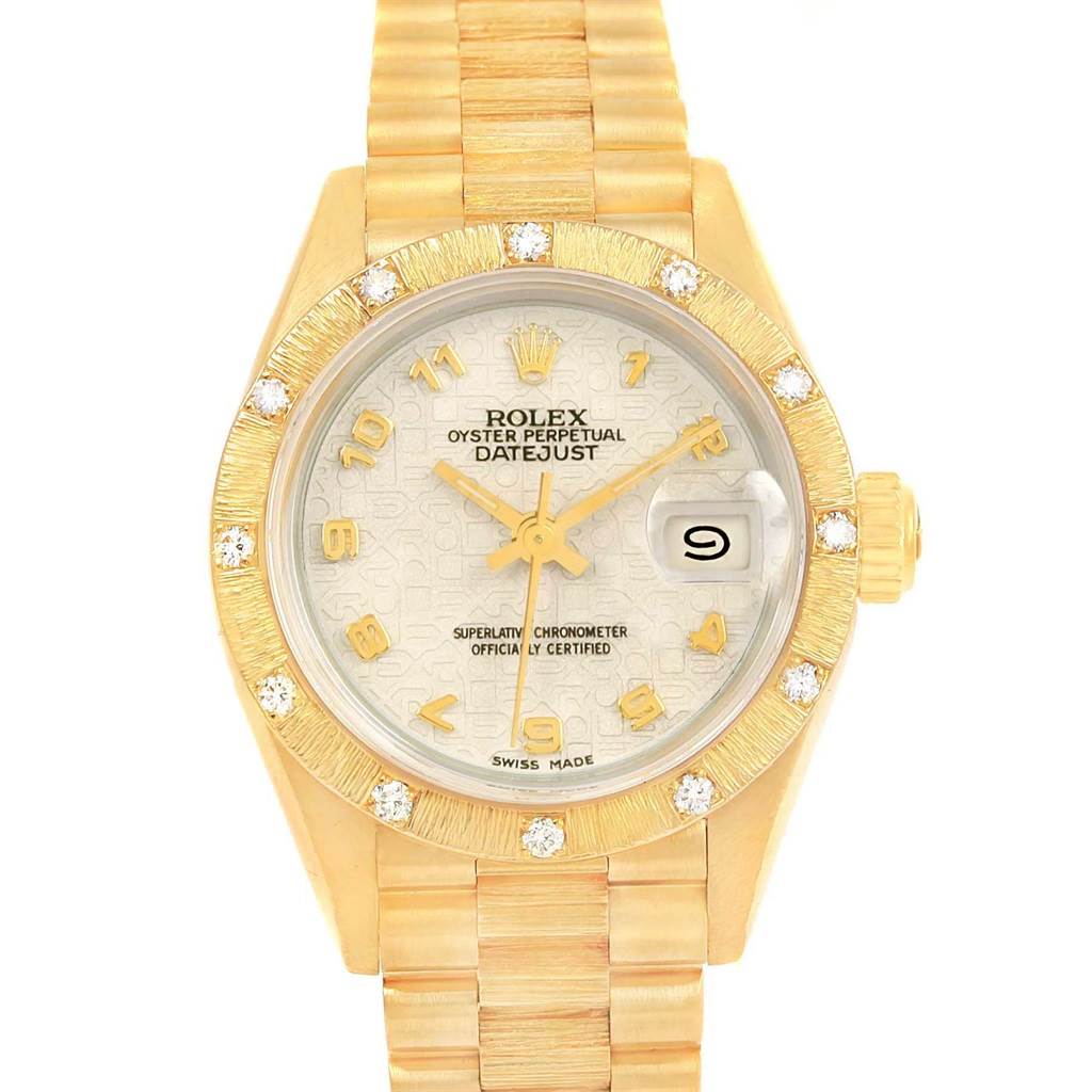 This Rolex President 69288 Women's Yellow Gold Beige Dial 69288 Women's Yellow Gold Beige Dial Datejust watch is shown from a front angle, clearly displaying the face, bezel, and bracelet.