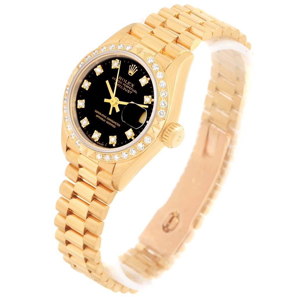 The image shows a Rolex President 69258 Women's Yellow Gold Black Dial 69258 Women's Yellow Gold Black Dial model watch from an angled view, highlighting its bezel, dial, crown, and bracelet.