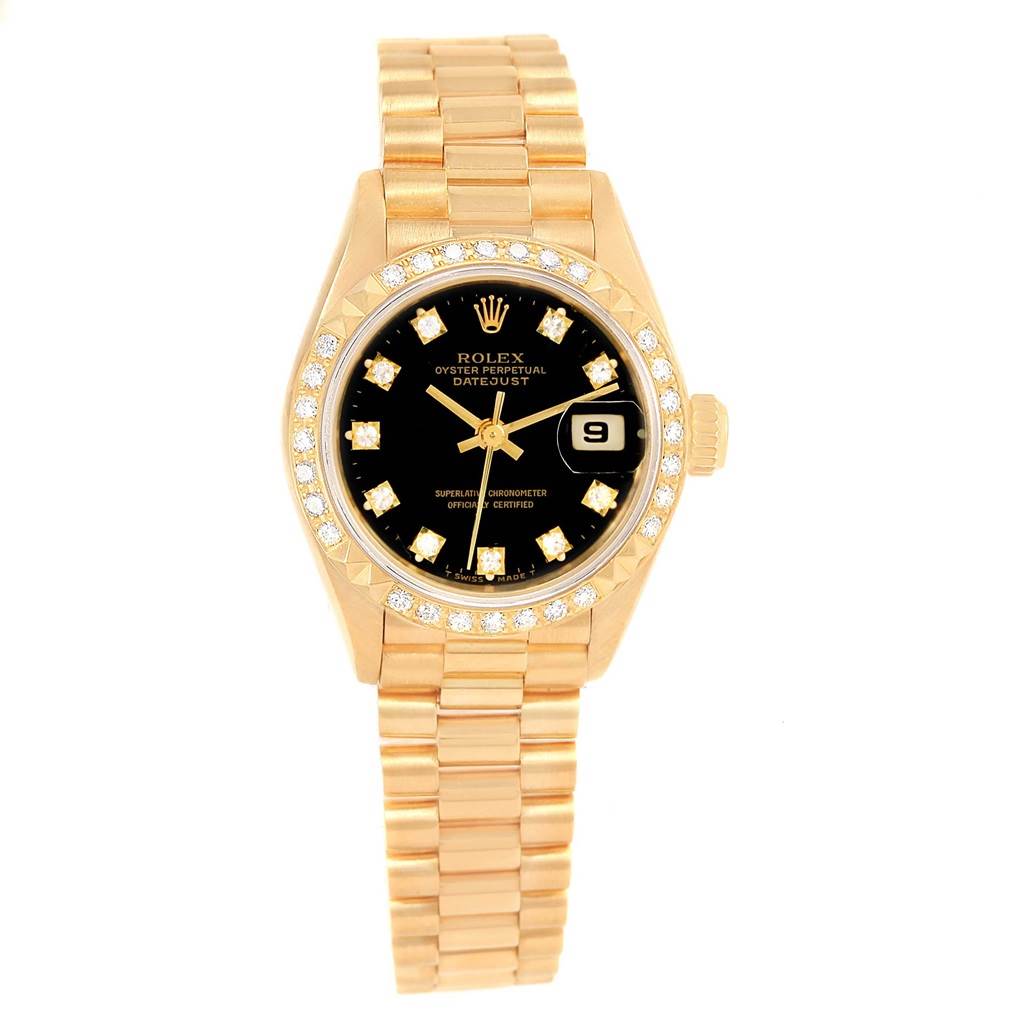 The image shows a front view of the Rolex President 69258 Women's Yellow Gold Black Dial 69258 Women's Yellow Gold Black Dial Datejust, displaying the face, bezel, and bracelet.
