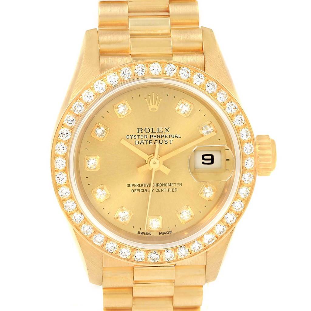 The image shows a Rolex President 79138 Women's Yellow Gold Champagne Dial 79138 Women's Yellow Gold Champagne Dial model watch from the front, highlighting its bezel, dial, and date window.