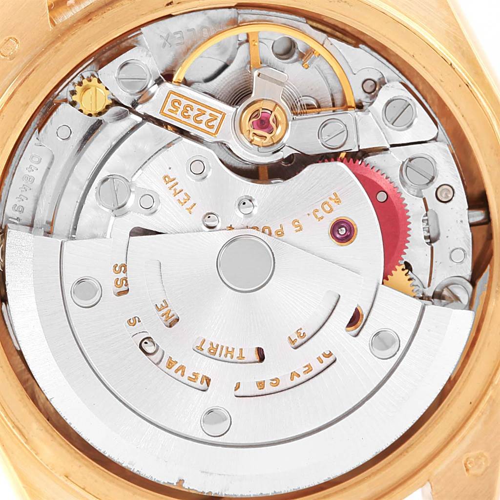 This image shows a close-up view of the movement and internal mechanisms of the Rolex President 79138 Women's Yellow Gold Champagne Dial 79138 Women's Yellow Gold Champagne Dial model watch.