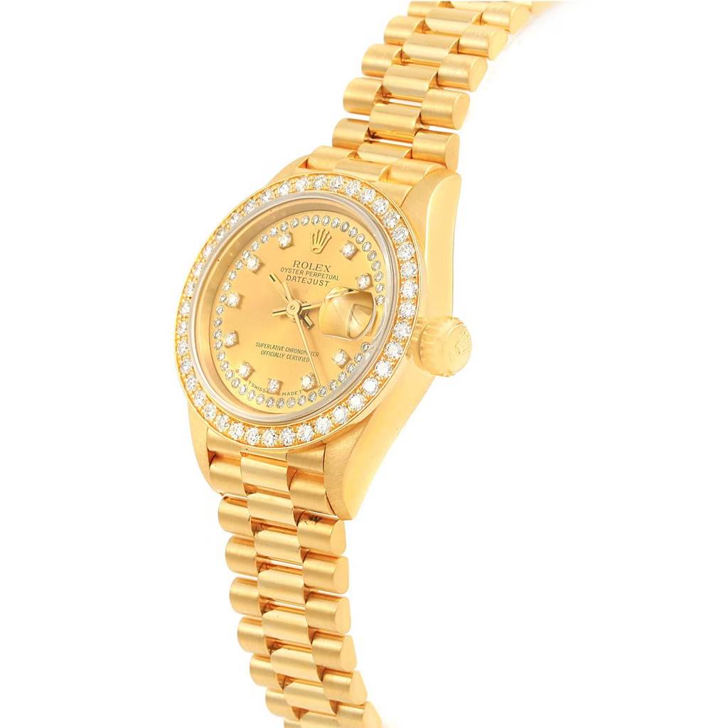 This Rolex President 69178 Women
s Yellow Gold Champagne Dial 69178 Women
s Yellow Gold Champagne Dial model is shown from a slightly angled side view, highlighting the face, bezel, crown, and bracelet.