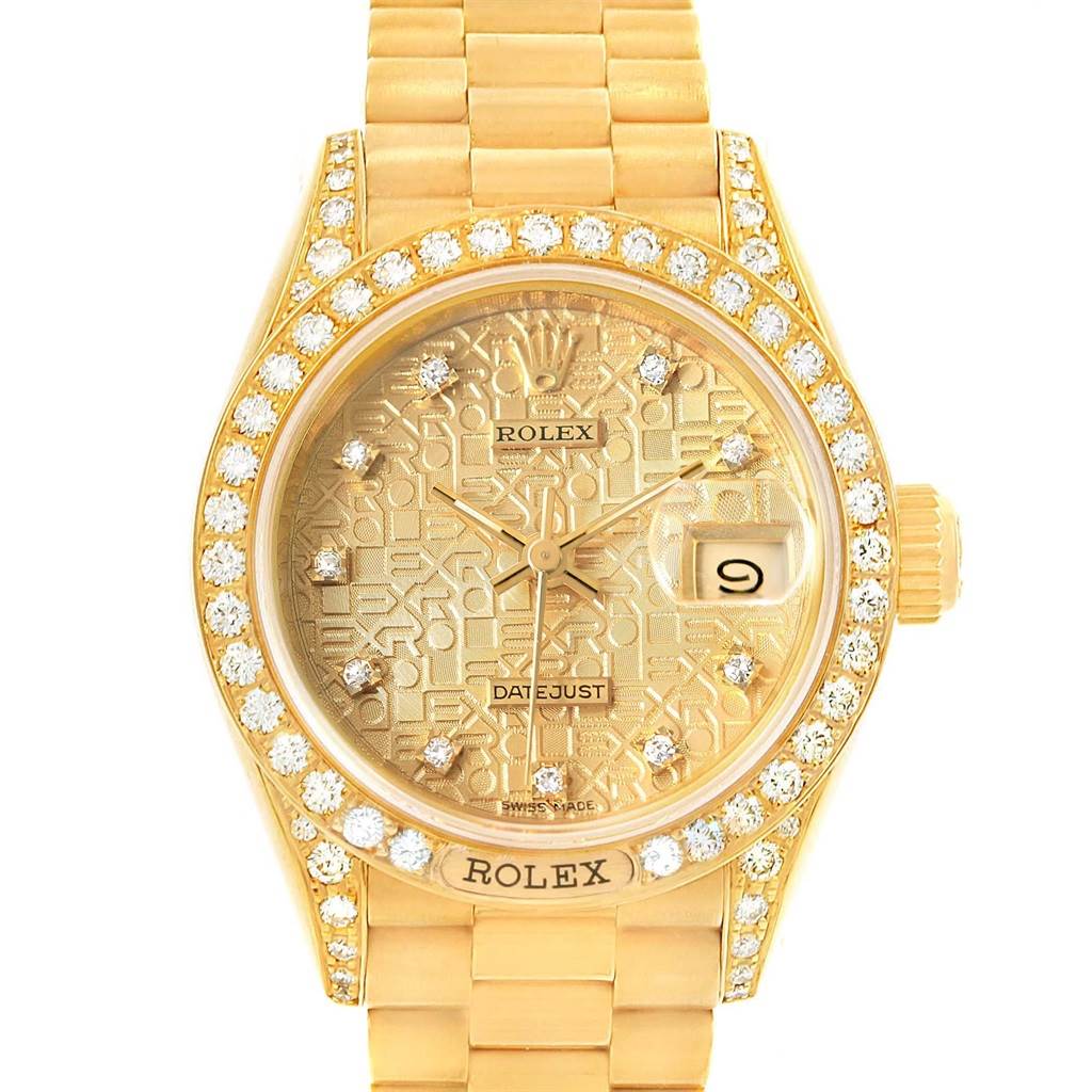 This Rolex President 69158 Women's Yellow Gold Champagne Dial 69158 Women's Yellow Gold Champagne Dial watch is shown from a front angle, highlighting its golden dial, diamond-studded bezel, and bracelet.