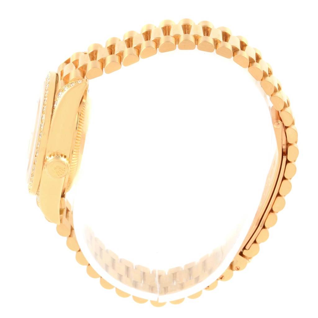 The image shows a side view of the Rolex President 69158 Women's Yellow Gold Champagne Dial 69158 Women's Yellow Gold Champagne Dial model watch, focusing on the case, crown, and bracelet.