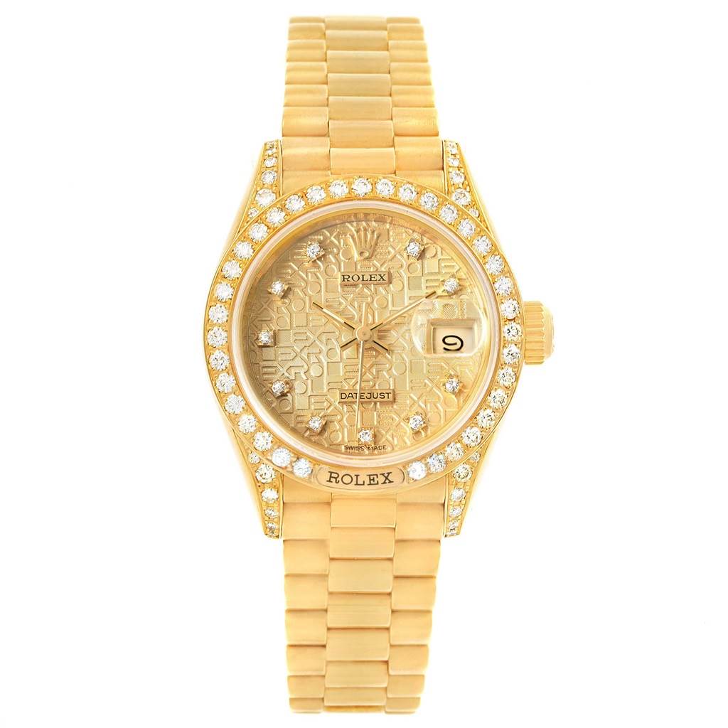 The image shows a front view of a Rolex President 69158 Women's Yellow Gold Champagne Dial 69158 Women's Yellow Gold Champagne Dial model watch, featuring a gold bracelet and diamond bezel.