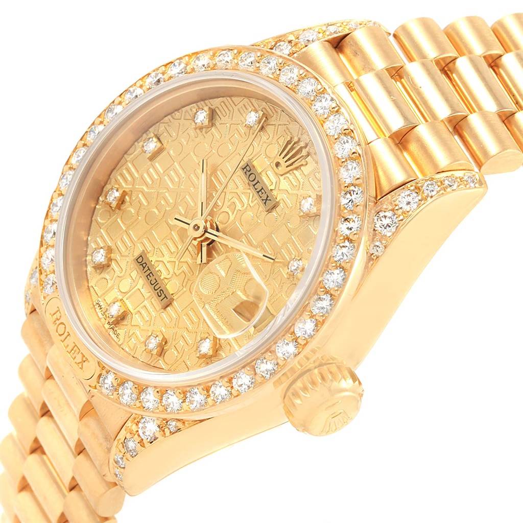 This is an angled close-up of the Rolex President 69158 Women's Yellow Gold Champagne Dial 69158 Women's Yellow Gold Champagne Dial model watch, showing the dial, bezel, crown, and part of the bracelet.
