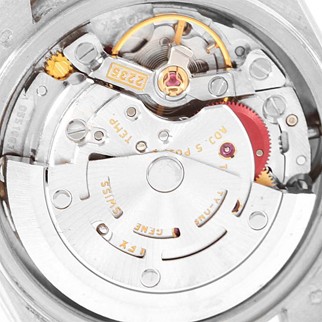 The image shows the internal mechanism of a Rolex President 79159 Women's White Gold Mother of Pearl Dial 79159 Women's White Gold Mother of Pearl Dial model watch, viewed from the back.