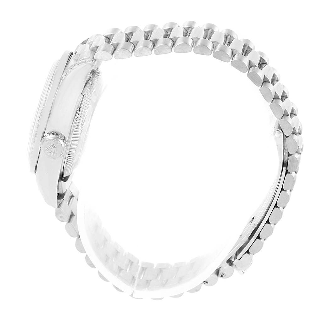 This image shows the side profile and bracelet of a Rolex President 79159 Women's White Gold Mother of Pearl Dial 79159 Women's White Gold Mother of Pearl Dial model watch, highlighting the crown and part of the case.