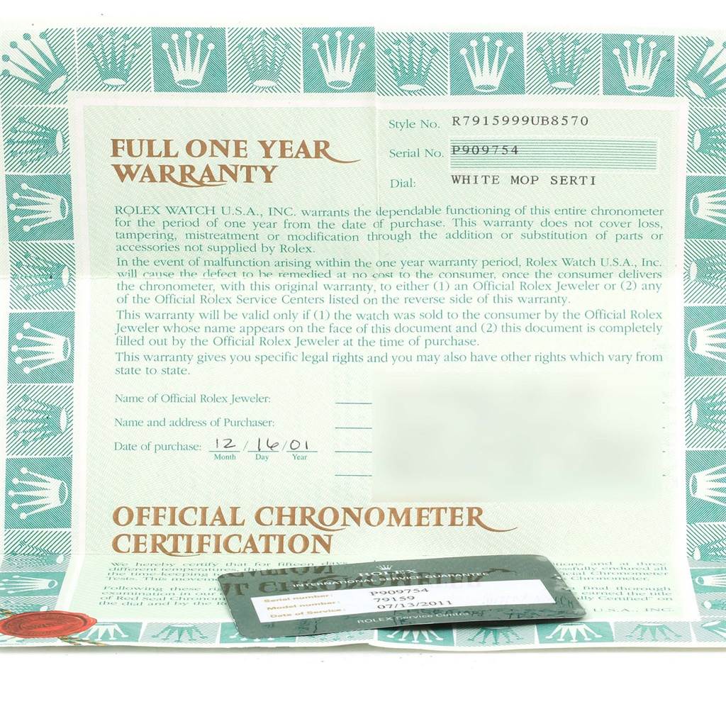 This image shows the warranty paper for a Rolex President 79159 Women's White Gold Mother of Pearl Dial 79159 Women's White Gold Mother of Pearl Dial model watch, displaying one year warranty details and official chronometer certification.