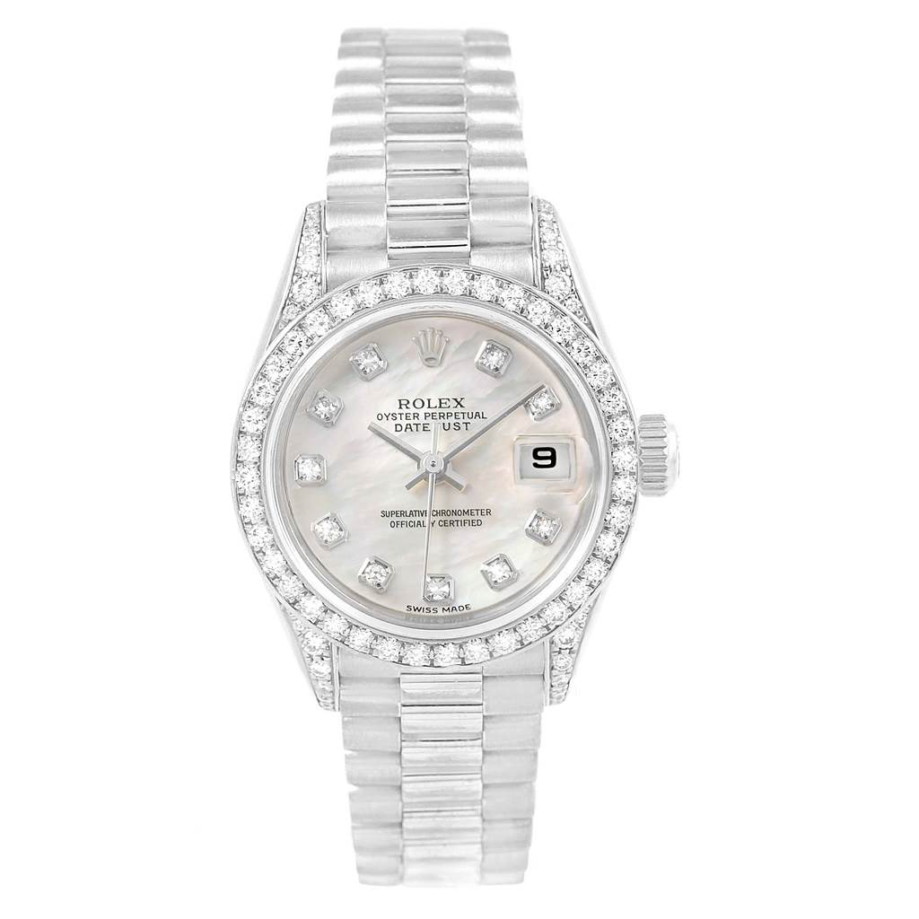 The image shows a front view of a Rolex President 79159 Women's White Gold Mother of Pearl Dial 79159 Women's White Gold Mother of Pearl Dial model watch, highlighting its face, band, and bezel.