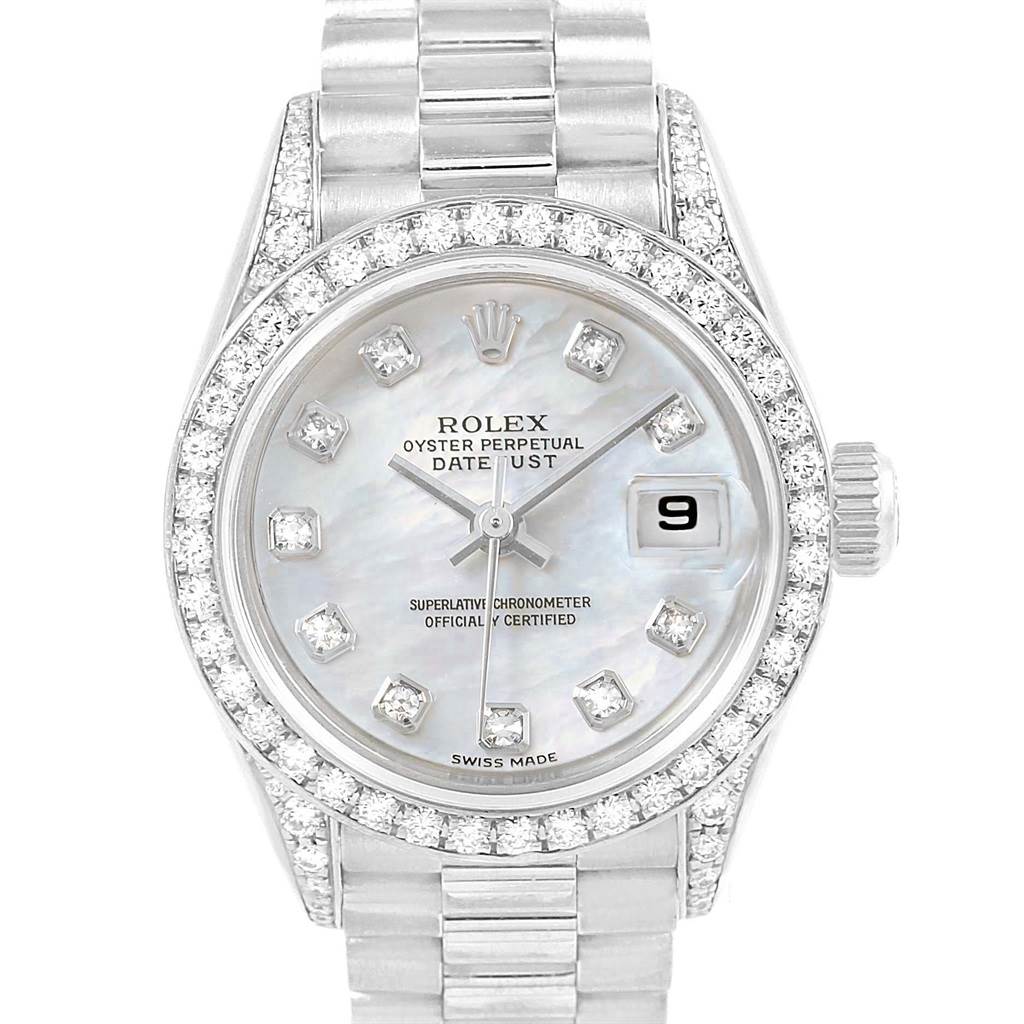 Rolex President White Gold MOP Diamond Dial Bezel Lugs Ladies Watch ...