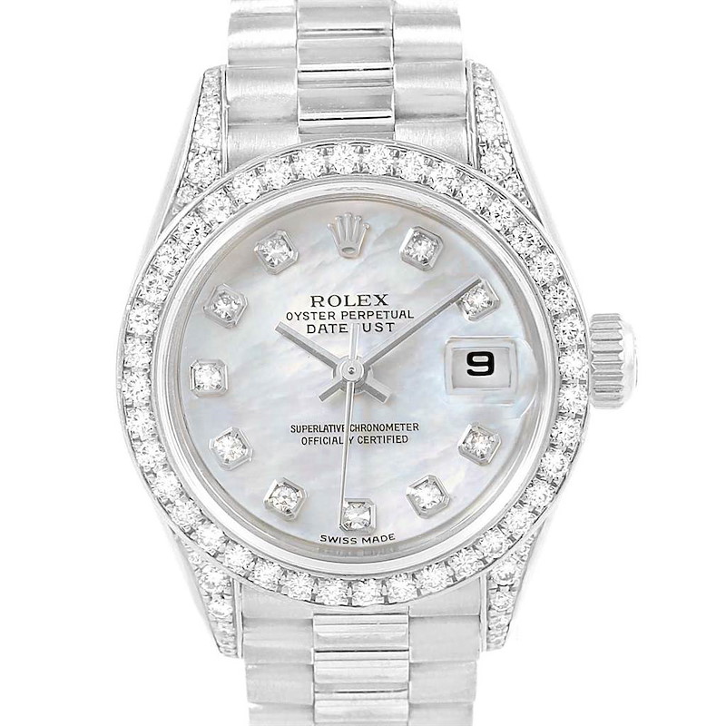 Rolex President White Gold MOP Diamond Dial Bezel Lugs Ladies Watch 79159 SwissWatchExpo