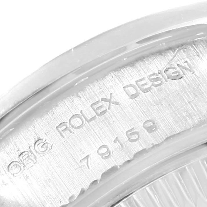The image shows an angled close-up of the case back of a Rolex President 79159 Women's White Gold Mother of Pearl Dial 79159 Women's White Gold Mother of Pearl Dial watch, highlighting the "ROLEX DESIGN" engravings.